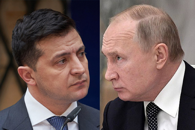Portraits of President of Ukraine, Volodymyr Zelenskyy and President of Russia, Vladamir Putin, facing each other