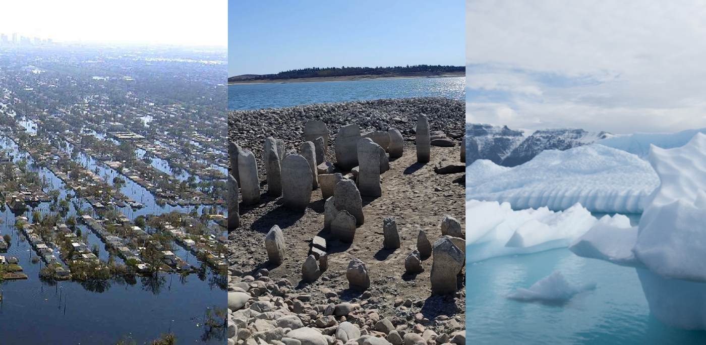 Collage of three images showing melting of glaciers, floods and drought