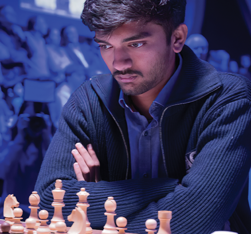 Picture showing Gukesh D contemplating his next move in a Chess game with Chess Board in front of him