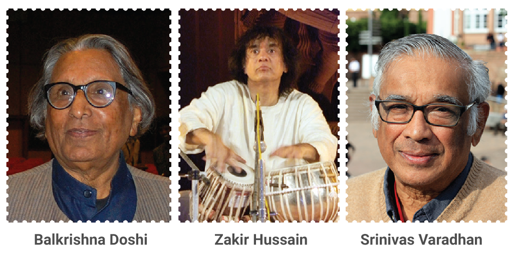 Collage showing photos of three winners of Padma awards, Balkrishna Doshi, Zakir Hussain and Srinivas Varadhan